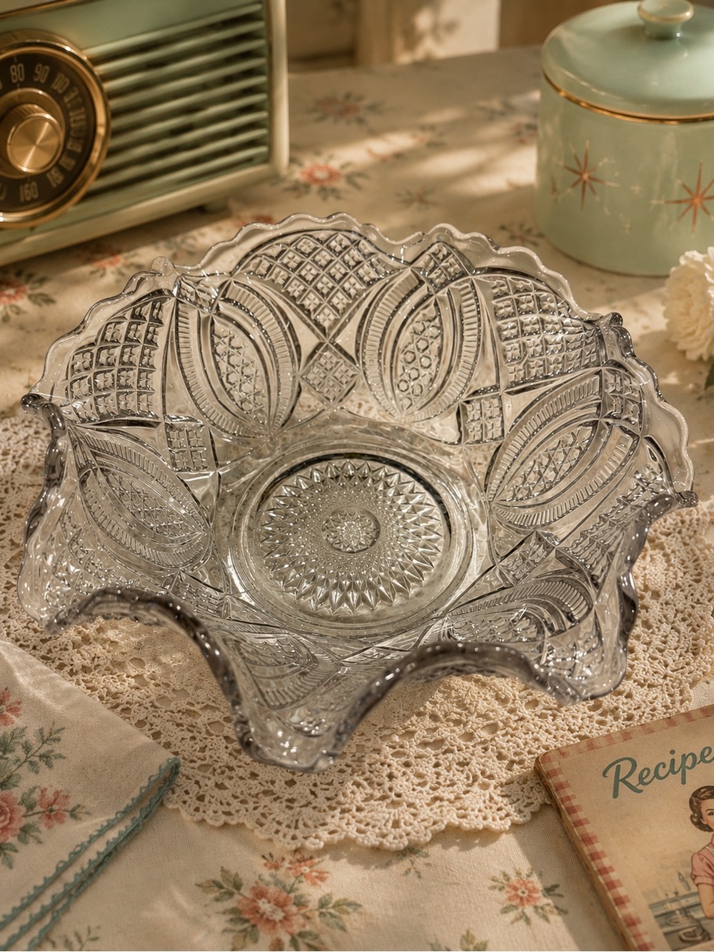 Vintage Clear Patterned Pressed Glass Intricate Decorative Bowl